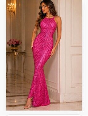 Stunning Fuchsia Full Sequin Halter Evening Gown Soft Fabric Stretchable